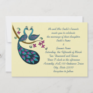 Peacock Wedding Announcement, ivory Invitation