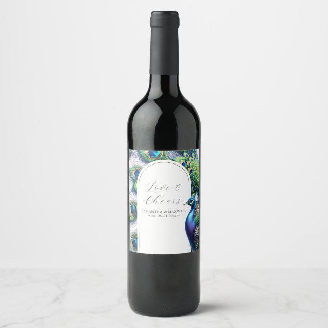 Peacock Wedding Custom Wine Bottle Labels (Front)