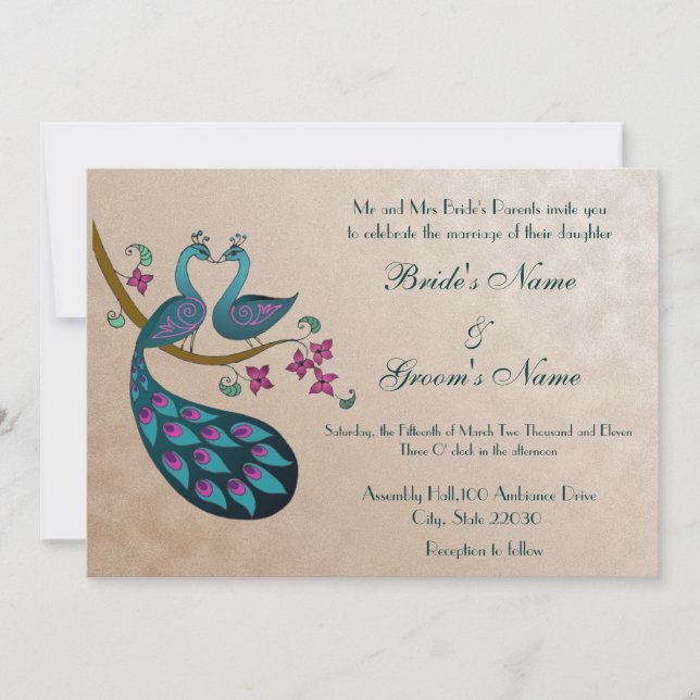 Peacock Wedding invitation, mauve Invitation (Front)