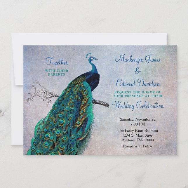 Peacock Wedding Invitation Vintage Blue Elegant (Front)