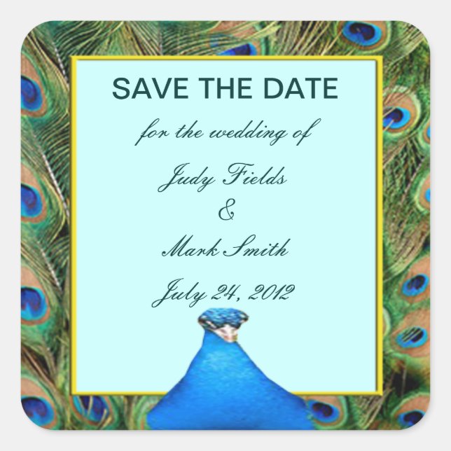 Peacock Wedding Save The Date Stickers (Front)