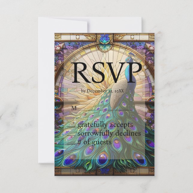 Peacock Wedding Stained Glass RSVP Response Card (Front)