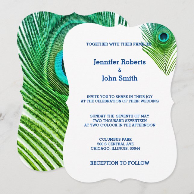 Peacock Weddings Feathers Green Blue White Custom Invitation (Front/Back)