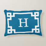 Peacock White Greek Key Framed #2 Initial Monogram Decorative Cushion<br><div class="desc">White Greek Key #2 Framed Initial Monogram A stylish solid background with a white Greek Key frame area for your monogram, name or other text. You can also change the text font, change the font size and colour, move the text, etc. ======= If you would like this design in other...</div>