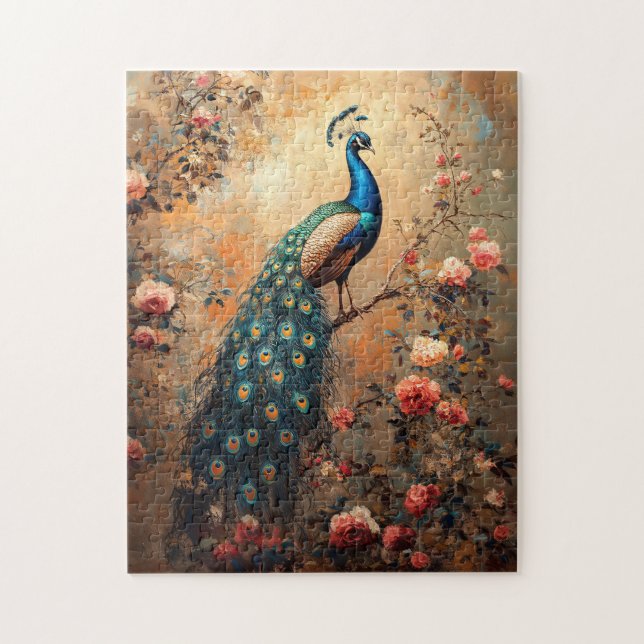 Peacock with Blush Pink Roses Painting Jigsaw Puzzle (Vertical)