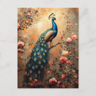 Peacock with Blush Pink Roses Painting Postcard