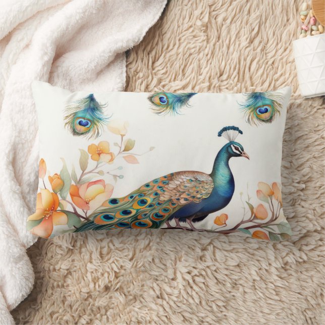 Peacock with Falling Feathers and Orange Flowers Lumbar Cushion (Blanket)