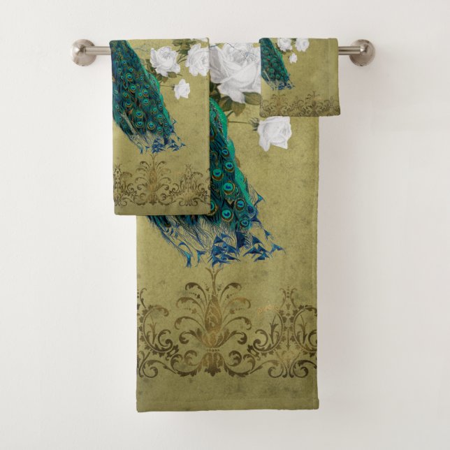 Peacock with flowers bath towel set (Insitu)