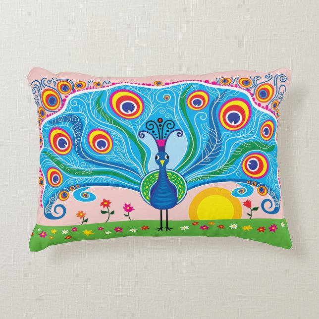 Peacock with Flowers Decorative Cushion (Front)