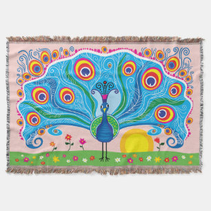 Peacock with Flowers Throw Blanket