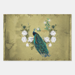 Peacock with flowers wrapping paper sheet