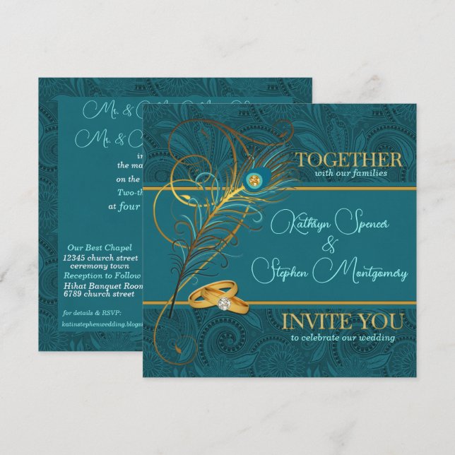 Peacock with Gold Accents Teal Wedding Invitation (Front/Back)
