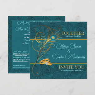 Peacock with Gold Accents Teal Wedding Invitation