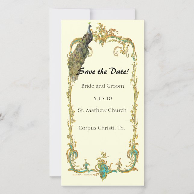 Peacock with Gold Frame "Save the Date" Card (Front)