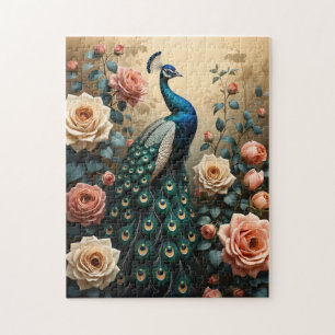 Peacock with Peach and Pink Roses Jigsaw Puzzle