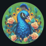 Peacock With Peach Roses Classic Round Sticker<br><div class="desc">Behold the majestic beauty of our stunning artwork featuring a resplendent peacock adorned with a cascade of peach pink roses. Vibrant hues and intricate details bring this magnificent creature to life, with its iridescent plumage shimmering in hues of blue, green, and gold, while delicate roses add a touch of softness...</div>
