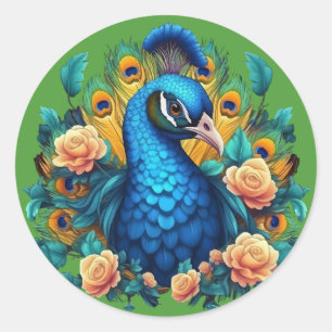 Peacock With Peach Roses Classic Round Sticker