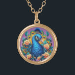 Peacock With Peach Roses Gold Plated Necklace<br><div class="desc">Behold the majestic beauty of our stunning artwork featuring a resplendent peacock adorned with a cascade of peach pink roses. Vibrant hues and intricate details bring this magnificent creature to life, with its iridescent plumage shimmering in hues of blue, green, and gold, while delicate roses add a touch of softness...</div>