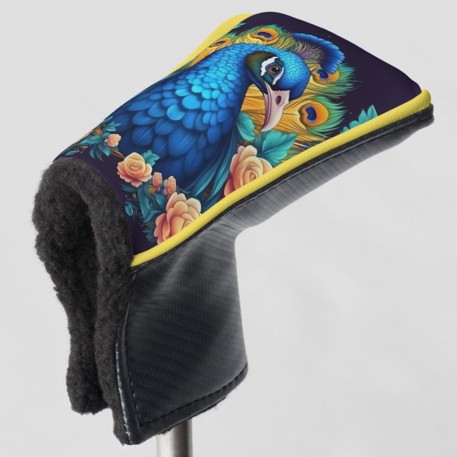 Peacock With Peach Roses Golf Head Cover (3/4 Front)