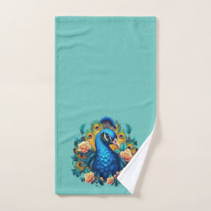 Peacock With Peach Roses Hand Towel
