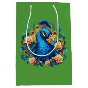 Peacock With Peach Roses Medium Gift Bag