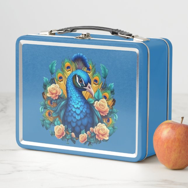 Peacock With Peach Roses Metal Lunch Box (In Situ)