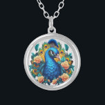 Peacock With Peach Roses Silver Plated Necklace<br><div class="desc">Behold the majestic beauty of our stunning artwork featuring a resplendent peacock adorned with a cascade of peach pink roses. Vibrant hues and intricate details bring this magnificent creature to life, with its iridescent plumage shimmering in hues of blue, green, and gold, while delicate roses add a touch of softness...</div>