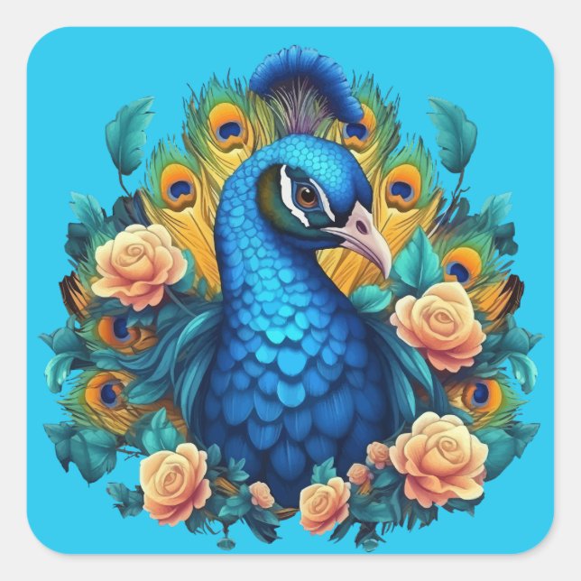 Peacock With Peach Roses Square Sticker (Front)