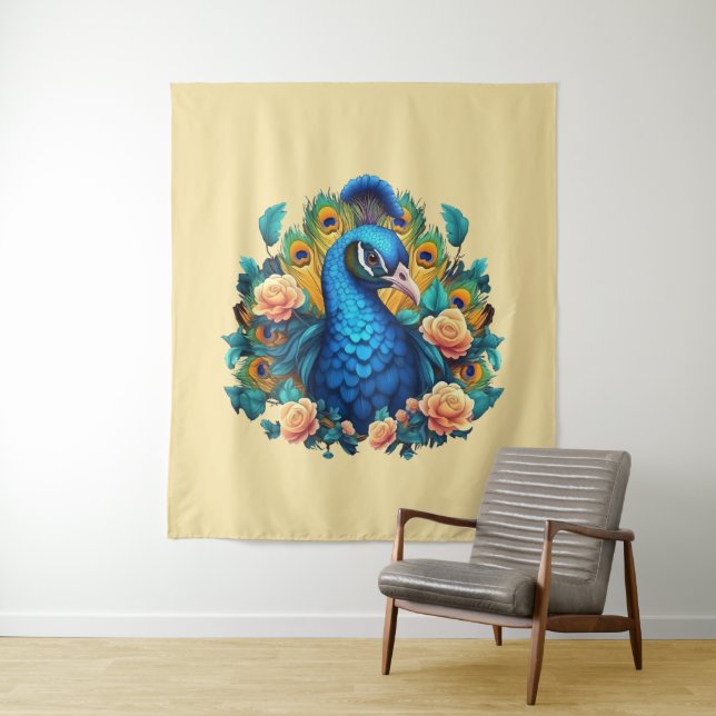 Peacock With Peach Roses Tapestry (In Situ)