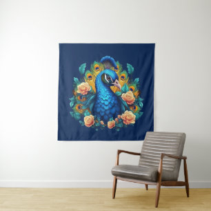 Peacock With Peach Roses Tapestry