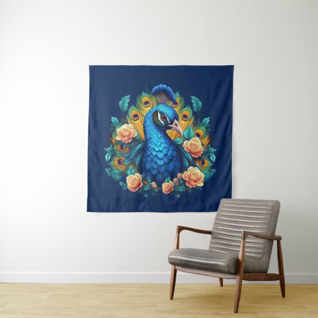 Peacock With Peach Roses Tapestry (In Situ)