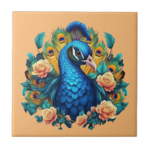 Peacock With Peach Roses