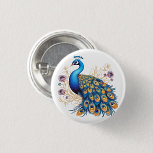 Peacock With Purple Flowers 3 Cm Round Badge