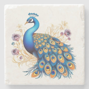 Peacock With Purple Flowers Stone Coaster