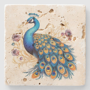Peacock With Purple Flowers Stone Coaster