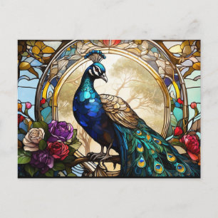 Peacock with Roses Abstract Illustration Postcard