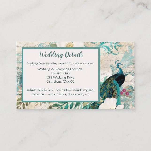 Peacocks and Flowers Teal, Ivory, and Gold Wedding Enclosure Card (Front)