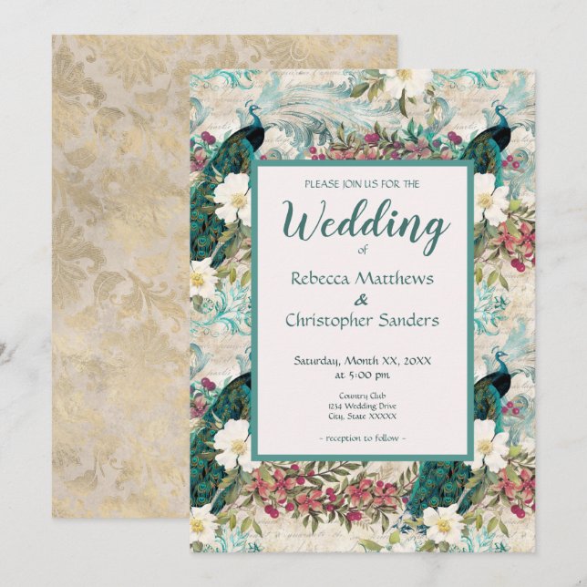 Peacocks and Flowers Teal, Ivory, and Gold Wedding Invitation (Front/Back)