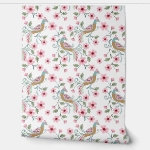 Peacocks and pink flowers wallpaper