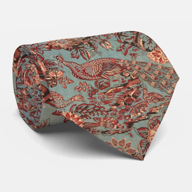 PEACOCKS AND RED PINK ROSES, BLUE PAISLEY PATTERN TIE (Rolled)