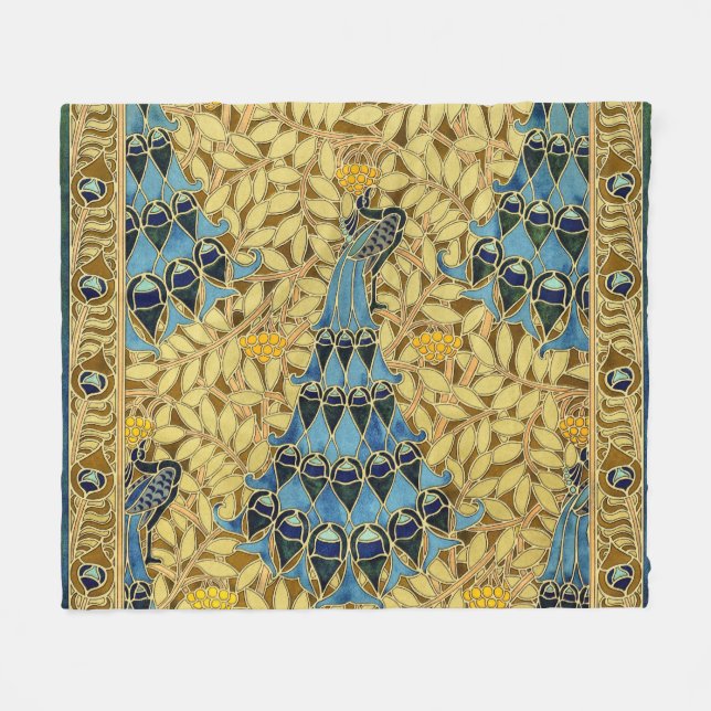 Peacocks Birds Rowan Trees Art Nouveau Fleece Blanket (Front (Horizontal))