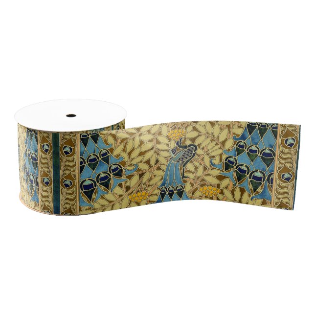 Peacocks Birds Rowan Trees Art Nouveau Grosgrain Ribbon (Spool)