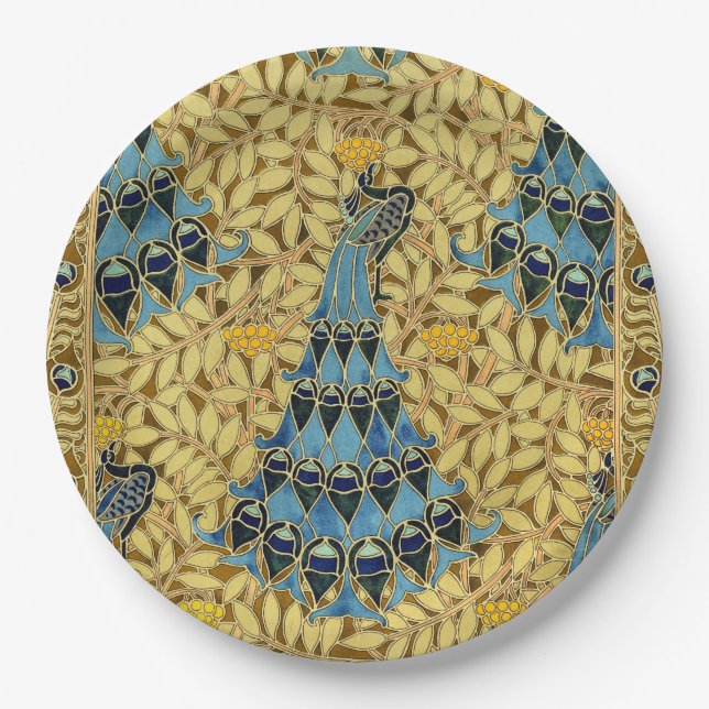 Peacocks Birds Rowan Trees Art Nouveau Paper Plate (Front)