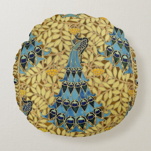 Peacocks Birds Rowan Trees Art Nouveau Round Cushion (Front)