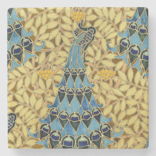 Peacocks Birds Rowan Trees Art Nouveau Stone Coaster
