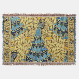 Peacocks Birds Rowan Trees Art Nouveau Throw Blanket