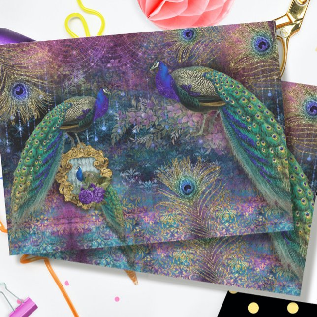Peacocks Elegant Feathers Glitter Pink Decoupage Tissue Paper (Creator Uploaded)