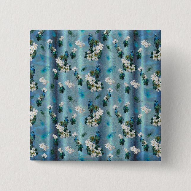 Peacocks & Emerald Green Metallic Silk 15 Cm Square Badge (Front)