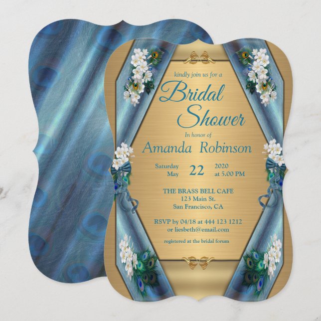 Peacocks & Emerald Green Metallic Silk & Gold Invitation (Front/Back)