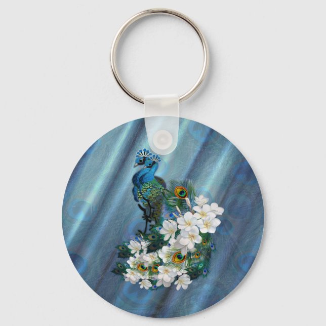 Peacocks & Emerald Green Metallic Silk Key Ring (Front)